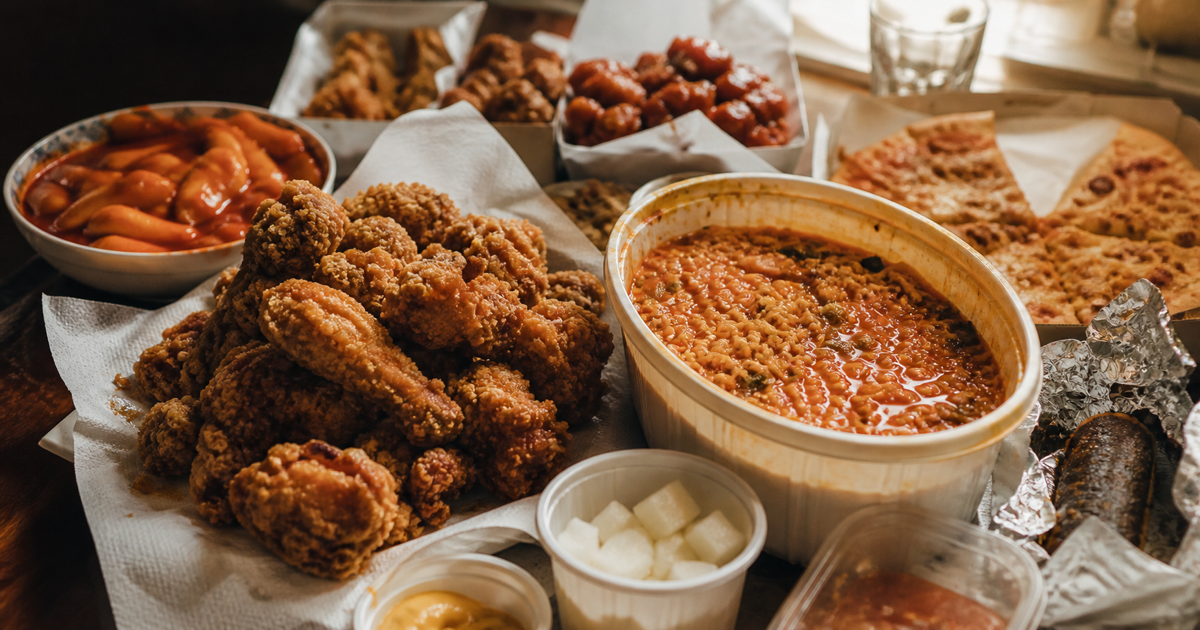기름진 폭식 상차림